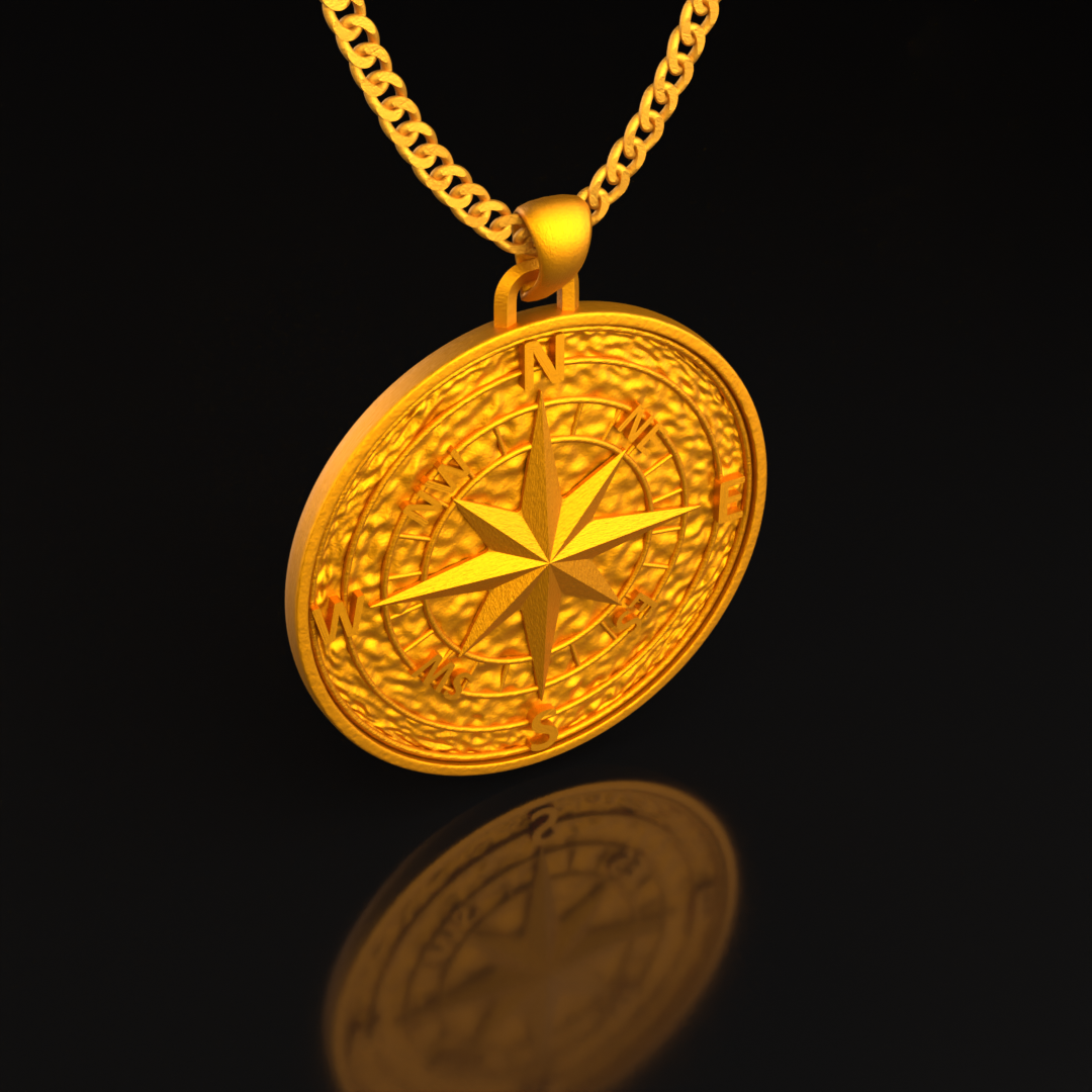 24K Solid Gold Compass Pendant. Pure Gold Compass Necklace. Gold 9999 Fine Gold Vintage Pendant. Handmade Pendant Gift for Men Women