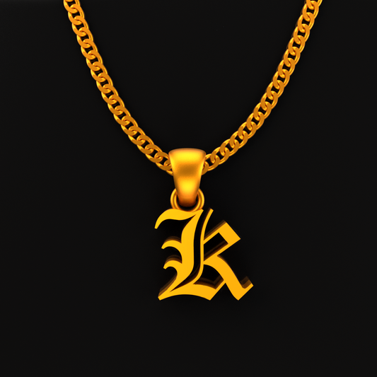 24K Solid Gold Old English Initial Pendant. Pure Gold Name Necklace. Gold 9999 Fine Gold Pendant. Handmade Gold Necklace Gift for Men Women