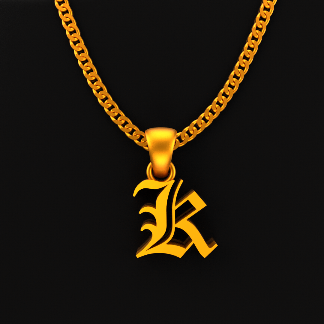 24K Solid Gold Old English Initial Pendant. Pure Gold Name Necklace. Gold 9999 Fine Gold Pendant. Handmade Gold Necklace Gift for Men Women