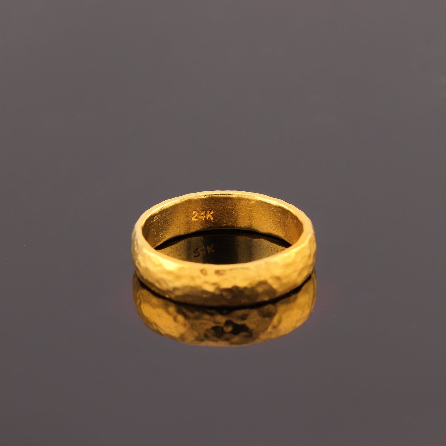 24K Solid Gold Band Ring - 4mm Wedding Band Ring Hammered