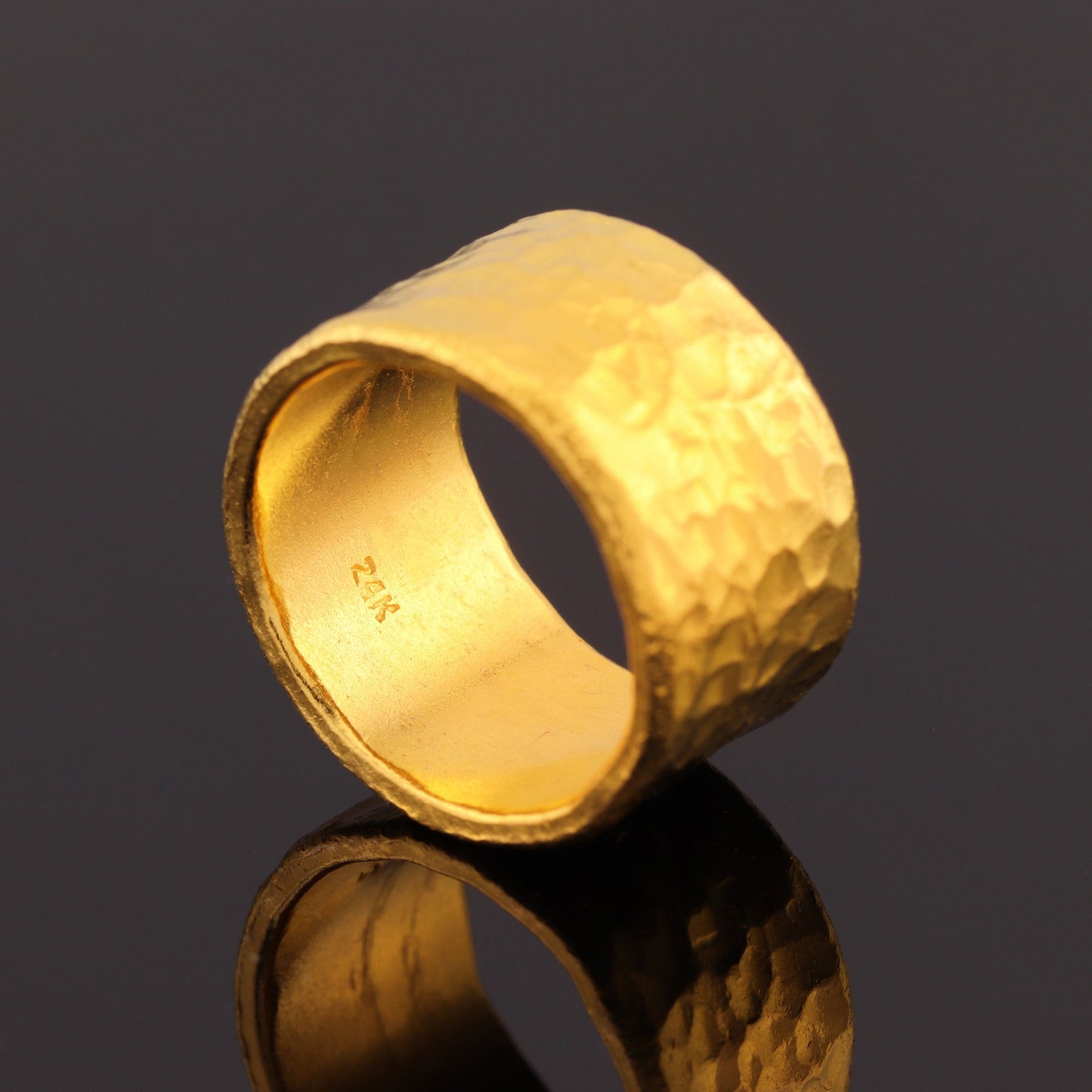 24K Solid Gold Band Ring - 13mm Wide Hammered Band Ring - 1 Troy Ounce