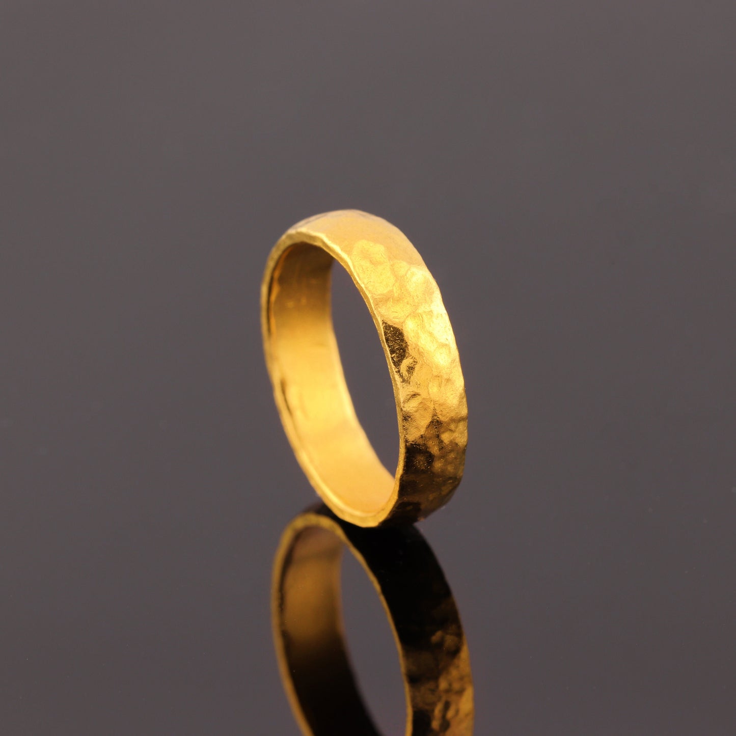 24K Solid Gold Band Ring - 4mm Wedding Band Ring Hammered