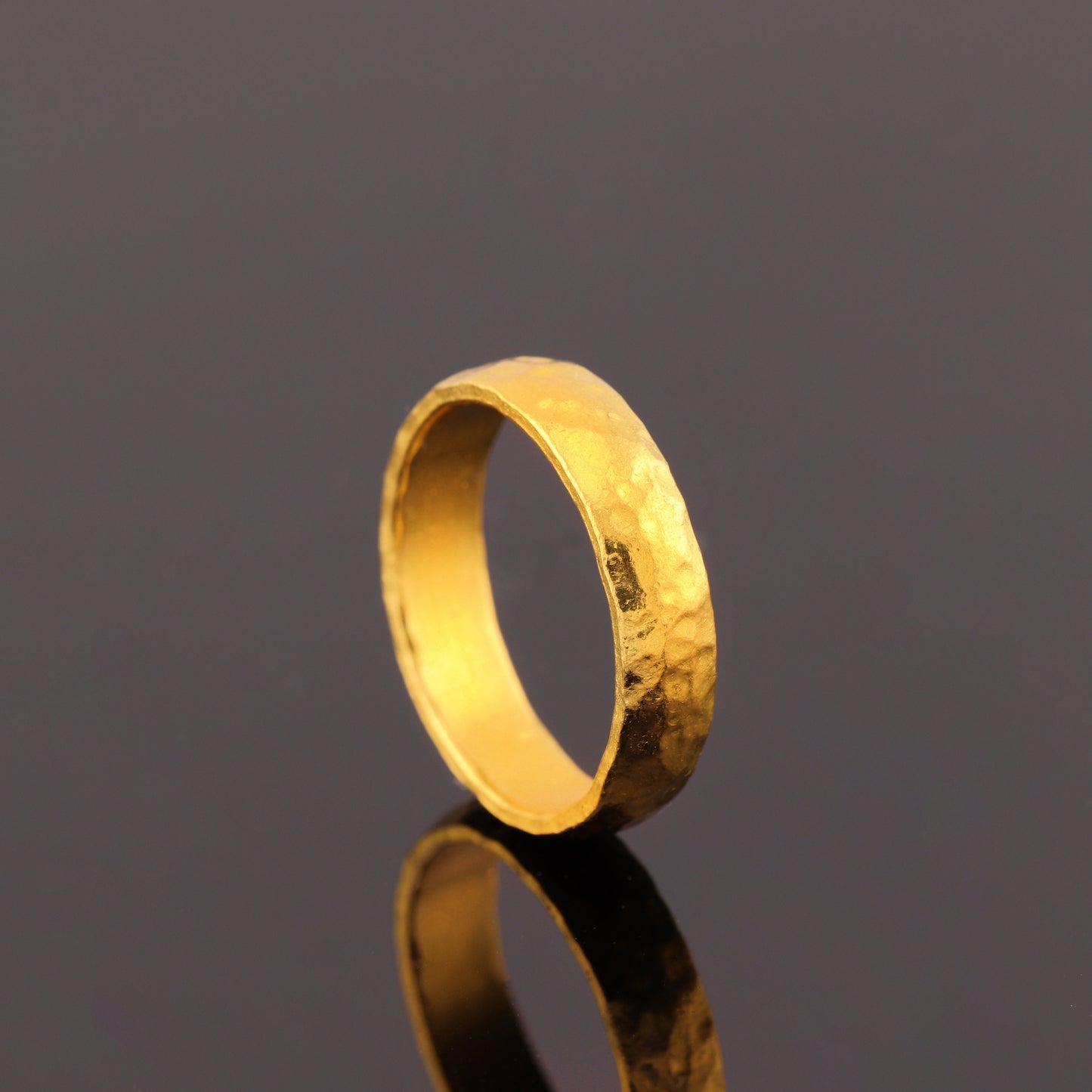 24K Solid Gold Band Ring - 4mm Wedding Band Ring Hammered