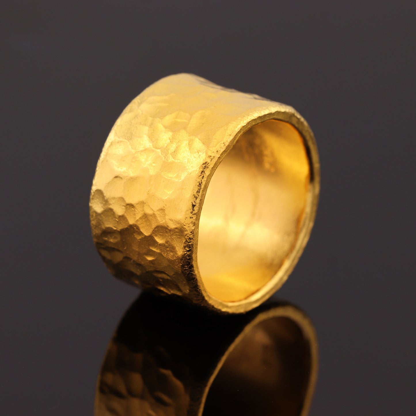 24K Solid Gold Band Ring - 13mm Wide Hammered Band Ring - 1 Troy Ounce