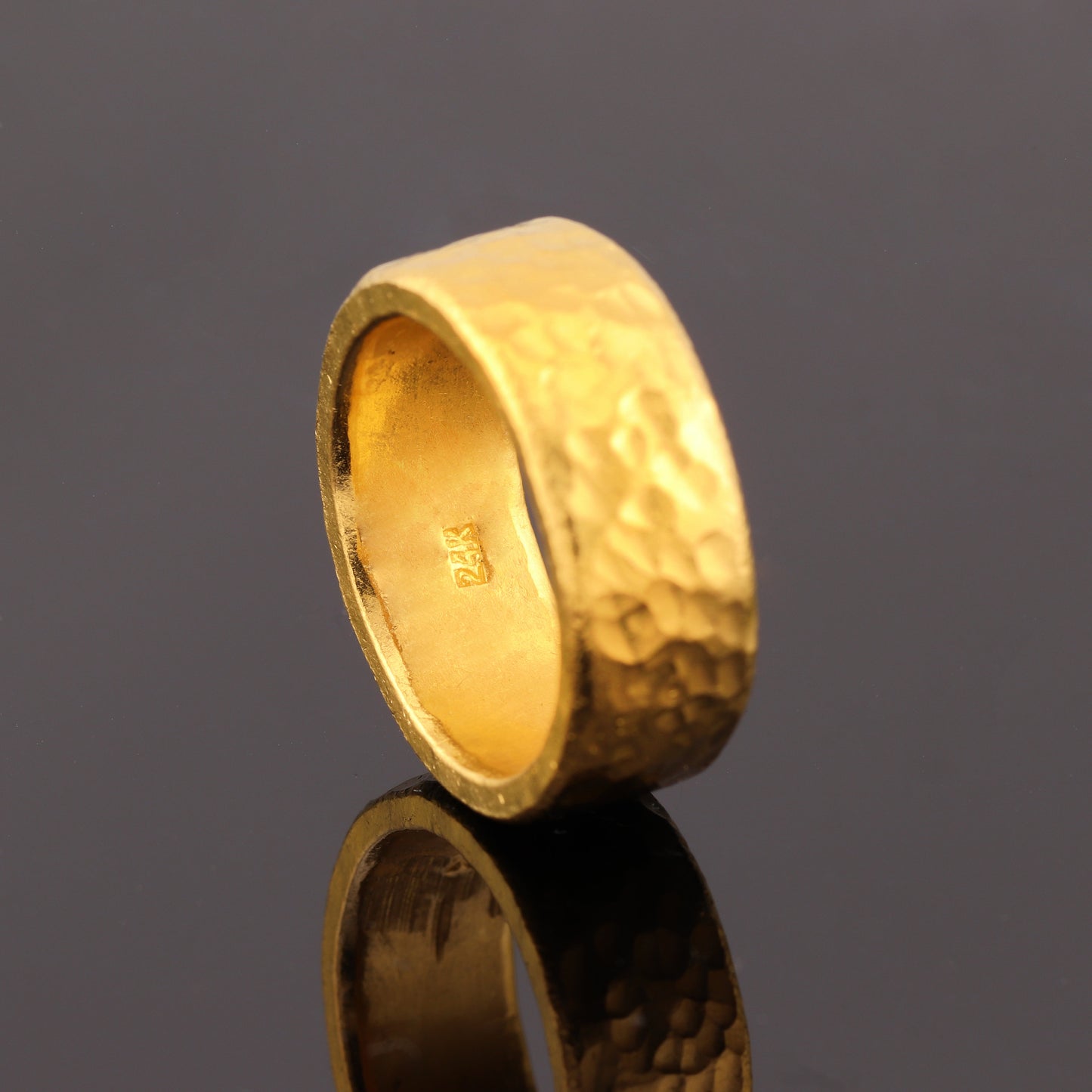 24K Solid Gold Band Ring - 1 Troy Ounce - 10mm Hammered Cigar Band Ring