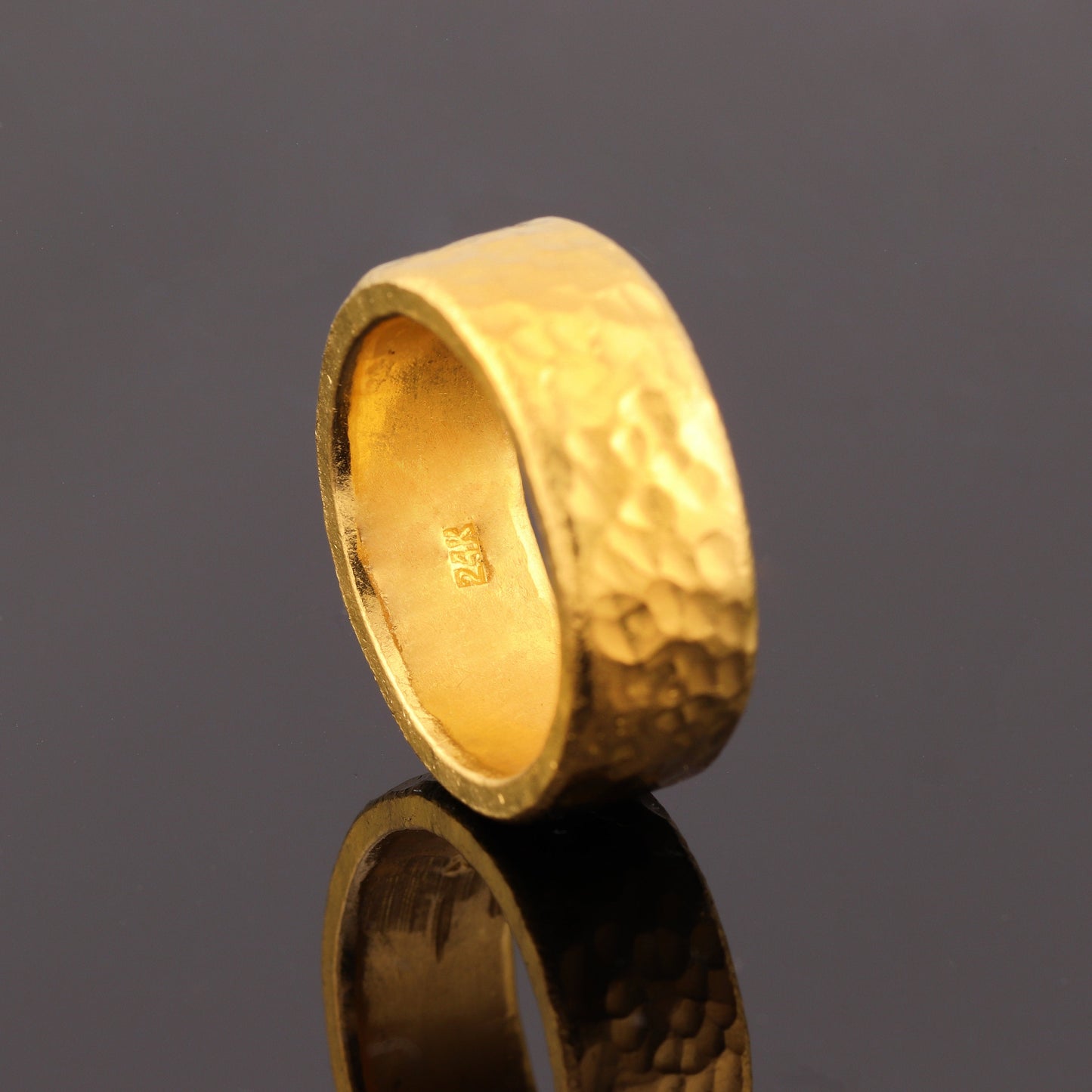 24K Solid Gold Band Ring - 2 Troy Ounce - 10mm Hammered Cigar Band Ring