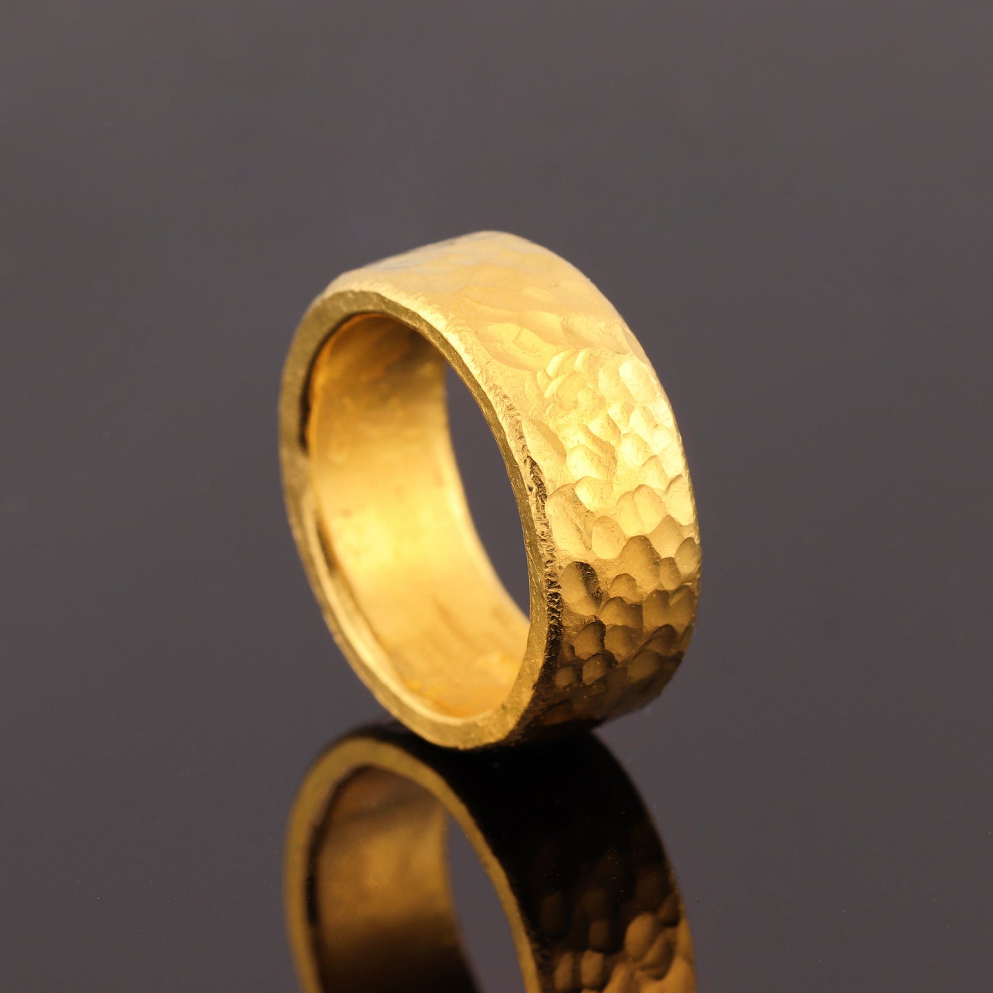 24K Solid Gold Band Ring - 1 Troy Ounce - 10mm Hammered Cigar Band Ring