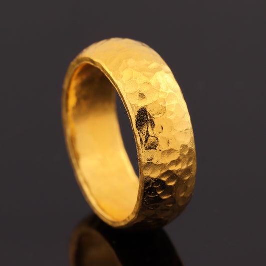 24k Gold Hammered Band Ring. 8mm Solid Yellow 9999 Gold Wedding Ring. Recycled Gold Ring. Handmade Investment Jewelry Rustic Engagement Band