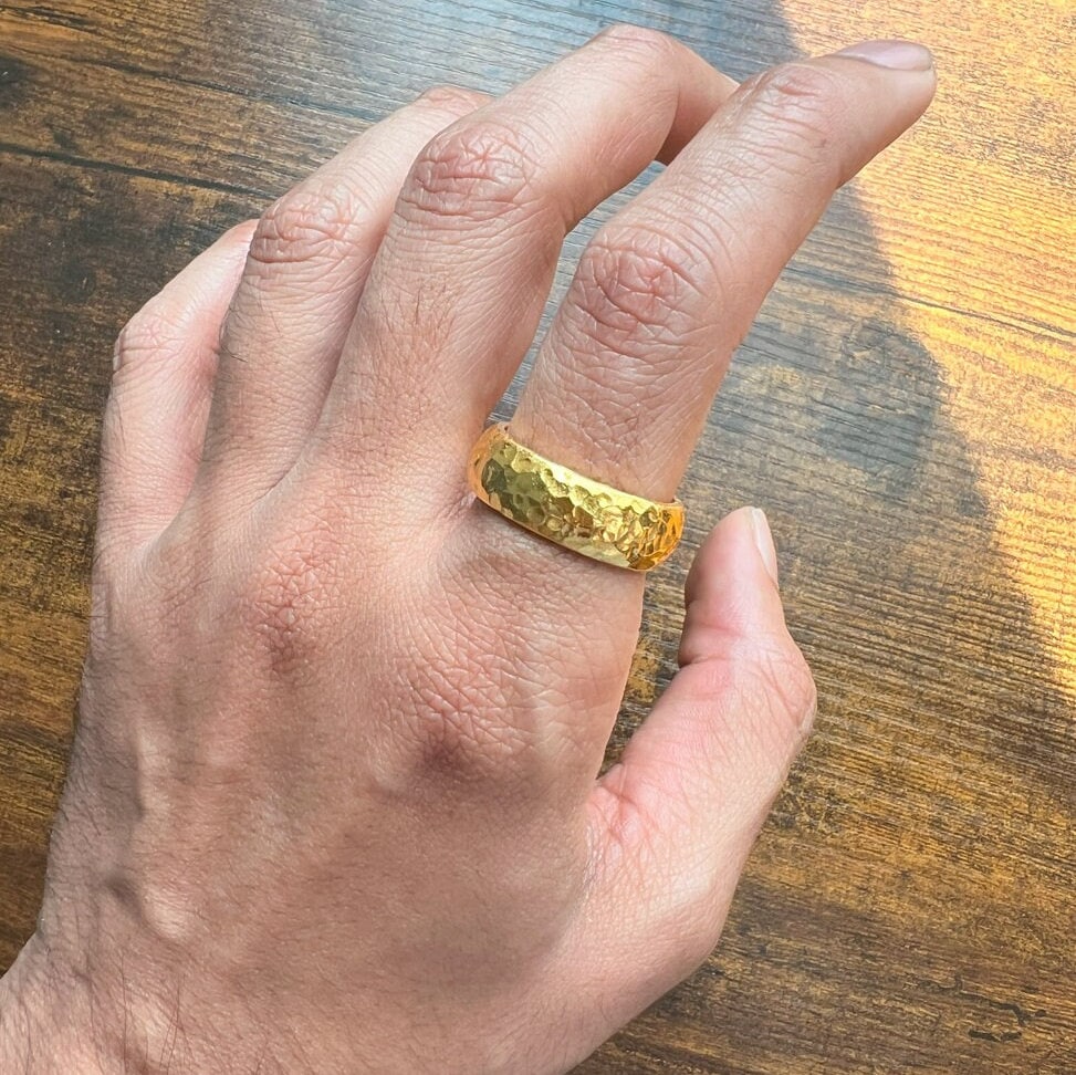 24k Gold Hammered Band Ring. 8mm Solid Yellow 9999 Gold Wedding Ring. Recycled Gold Ring. Handmade Investment Jewelry Rustic Engagement Band