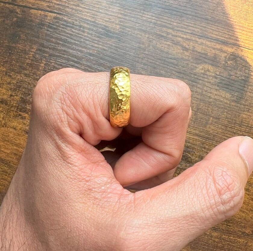 24k Gold Hammered Band Ring. 8mm Solid Yellow 9999 Gold Wedding Ring. Recycled Gold Ring. Handmade Investment Jewelry Rustic Engagement Band